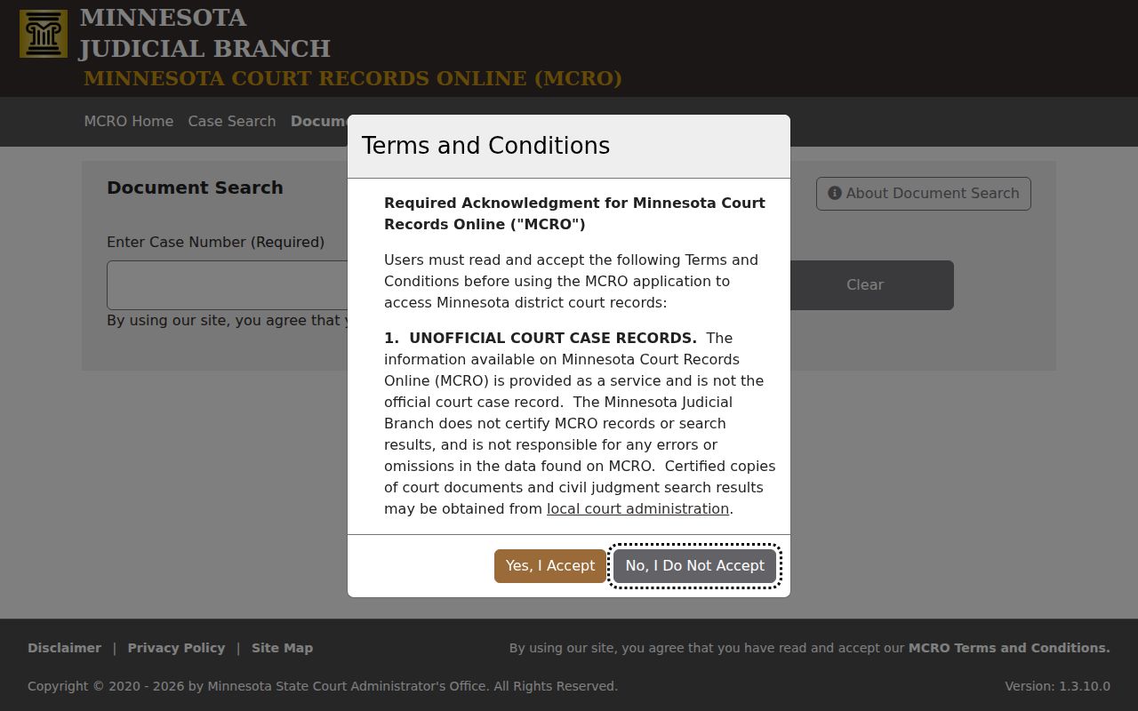 Minnesota Court Records Online Document Search for a Renville County civil docket filing