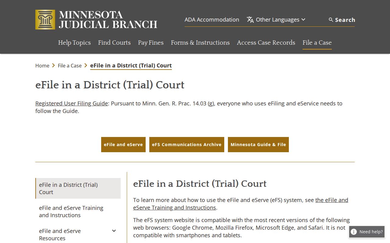 Minnesota eFile and eServe resource for civil court filing information