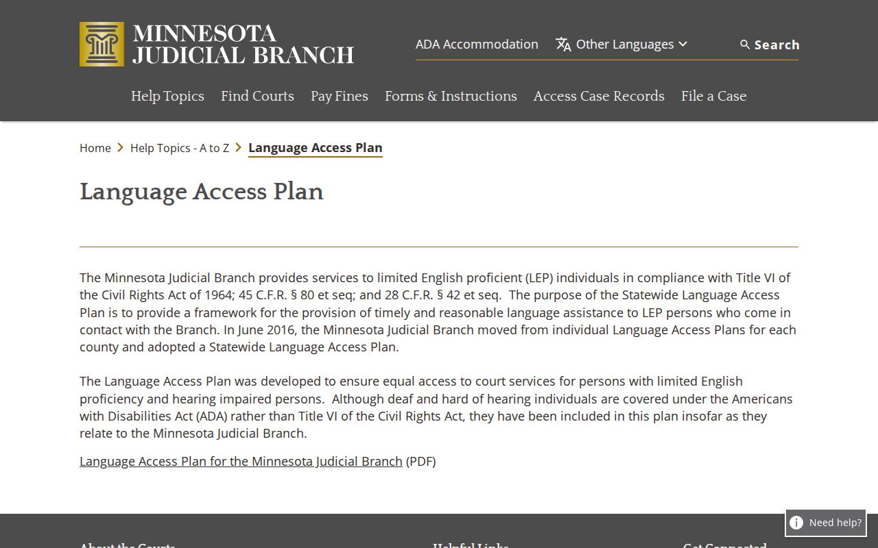 Minnesota Judicial Branch language access information for court users