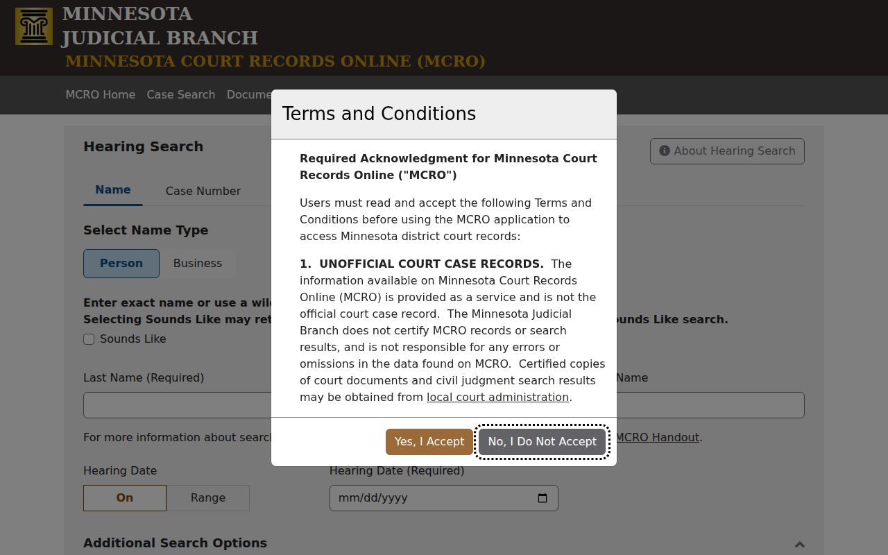 Minnesota Court Records Online Hearing Search public interface