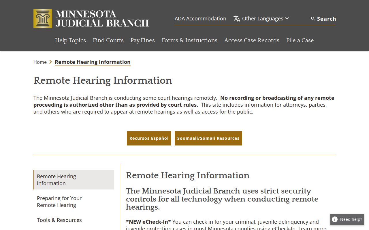 Minnesota Judicial Branch remote hearing information for court participants