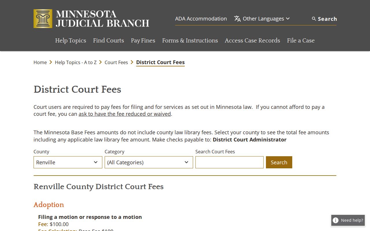 Renville County court case records fee information