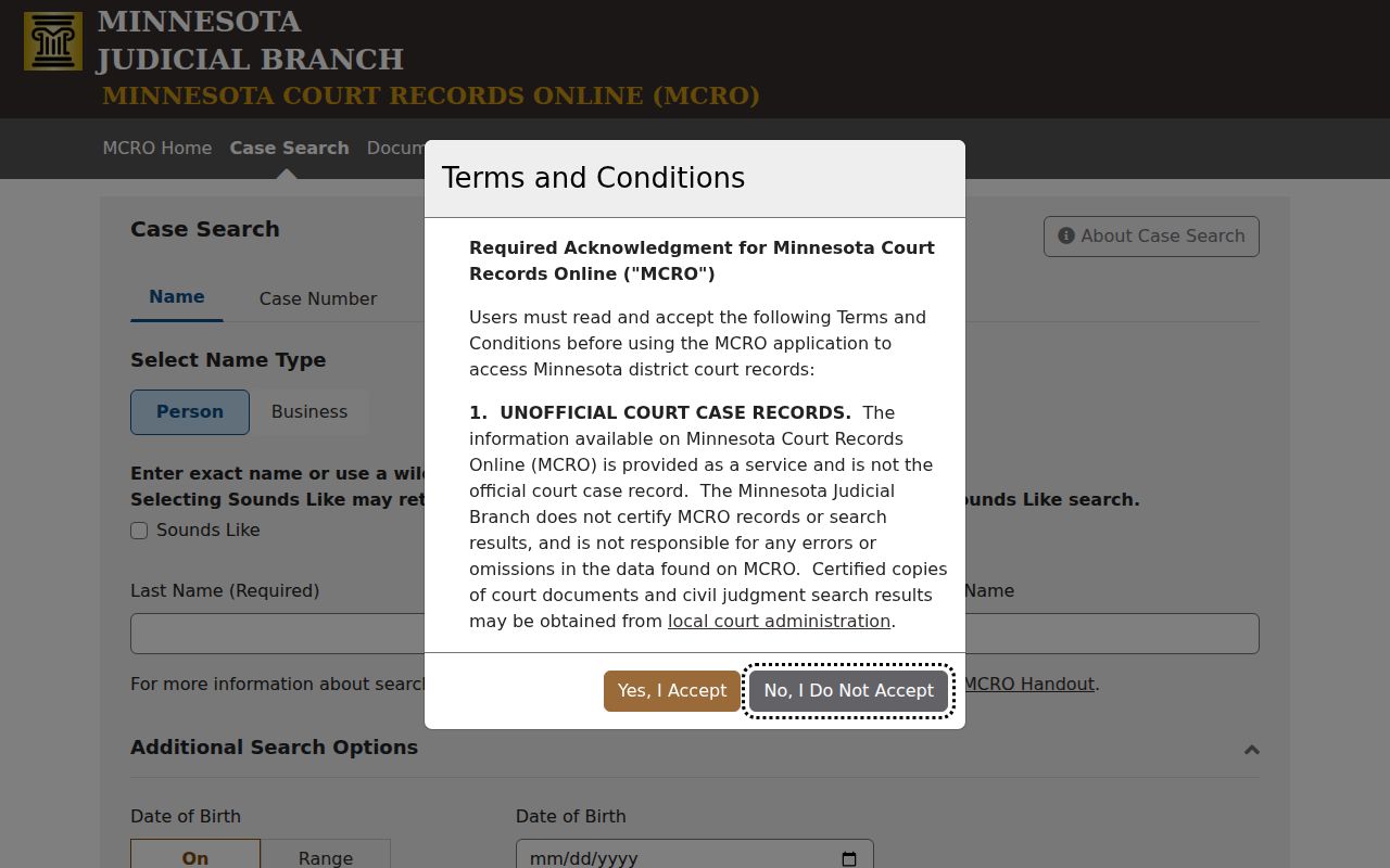Minnesota Court Records Online Case Search screen used for Renville County criminal docket research