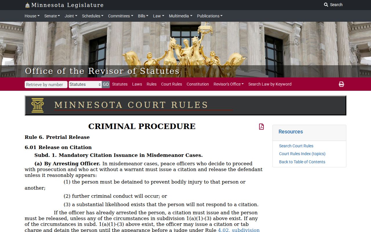 Minnesota criminal procedure rule source for criminal case and citation docket events
